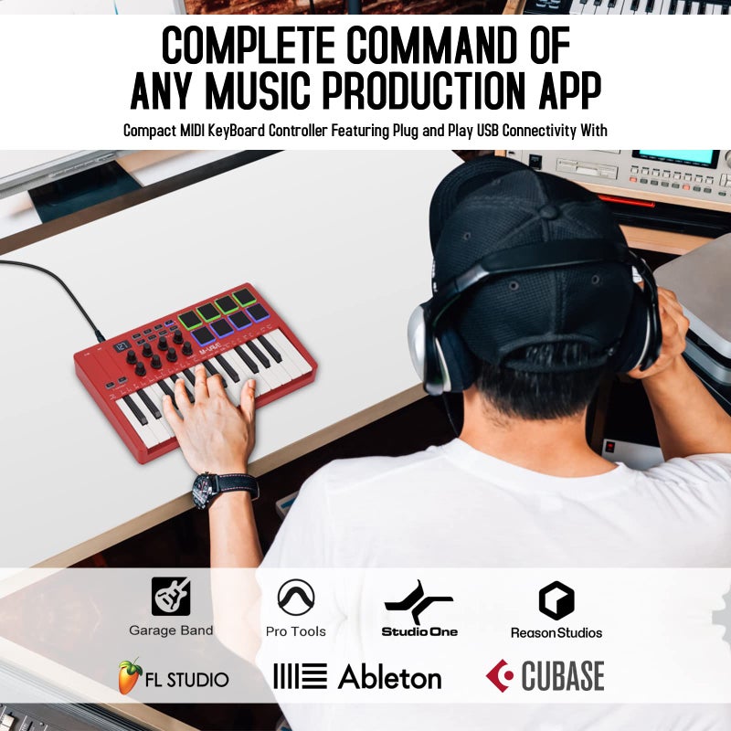 M ويف وحدة تحكم لوحة المفاتيح M-WAVE 25 مفتاح USB MIDI مع 8 وسادات طبلة بإضاءة خلفية ولوحة مفاتيح ديناميكية احترافية شبه مرجحة و8 مقابض وبرامج إنتاج الموسيقى متضمنة (أحمر) - Image 2